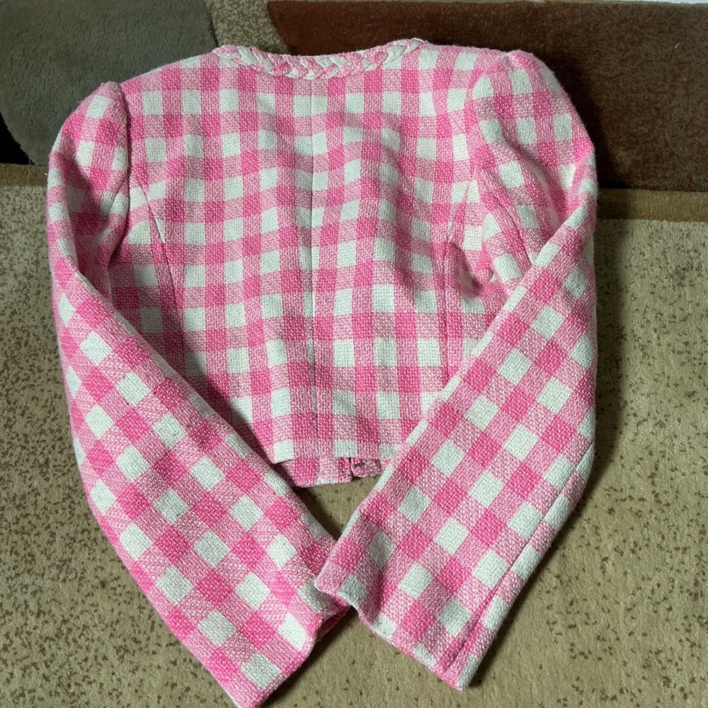 Avec Les Filles Coquette Gingham Tweed Cropped Blazer Women S Pink Plaid Braided - Picture 6 of 6
